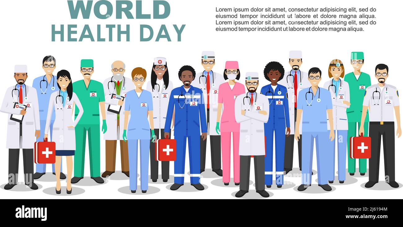 Concept de la Journée mondiale de la santé. Illustration détaillée de personnes médicales de style plat isolées sur fond blanc. Médecin praticien et infirmières debout Illustration de Vecteur