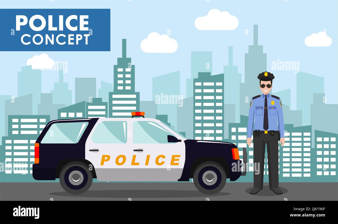 Concept de police. Illustration détaillée de l'officier de police et de la voiture de police en arrière-plan avec paysage urbain dans un style plat. Illustration vectorielle. Illustration de Vecteur