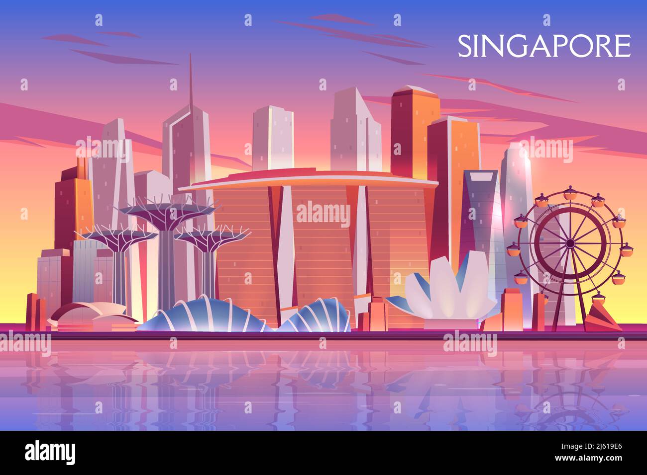 Soirée à Singapour, horizon du matin avec gratte-ciel futuriste sur la baie de la ville illuminé avec un cadre, levant le soleil sur fond de vecteur de dessin animé. A Illustration de Vecteur