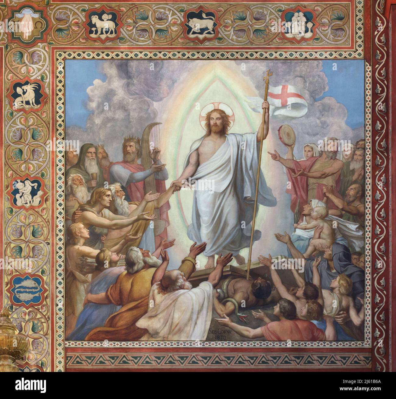 Descente dans Limbo. Peinture murale du peintre français Sébastien-Melchior Cornu (1870) dans l'église Saint-Germain-des-Prés à Paris, France. Banque D'Images