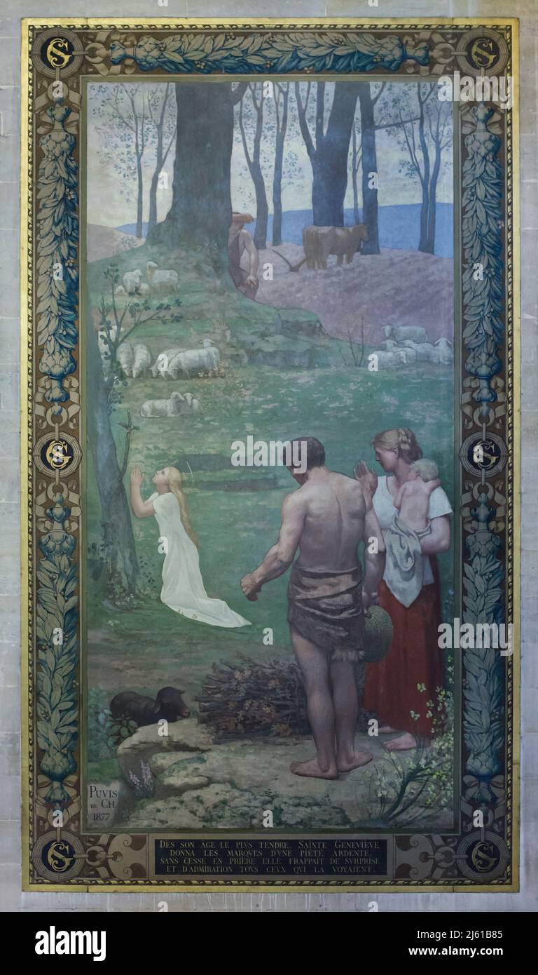 Enfance de Saint Geneviève représentée dans la peinture murale du peintre symboliste français Pierre Puvis de Chavannes (1877) au Panthéon à Paris, France. Banque D'Images