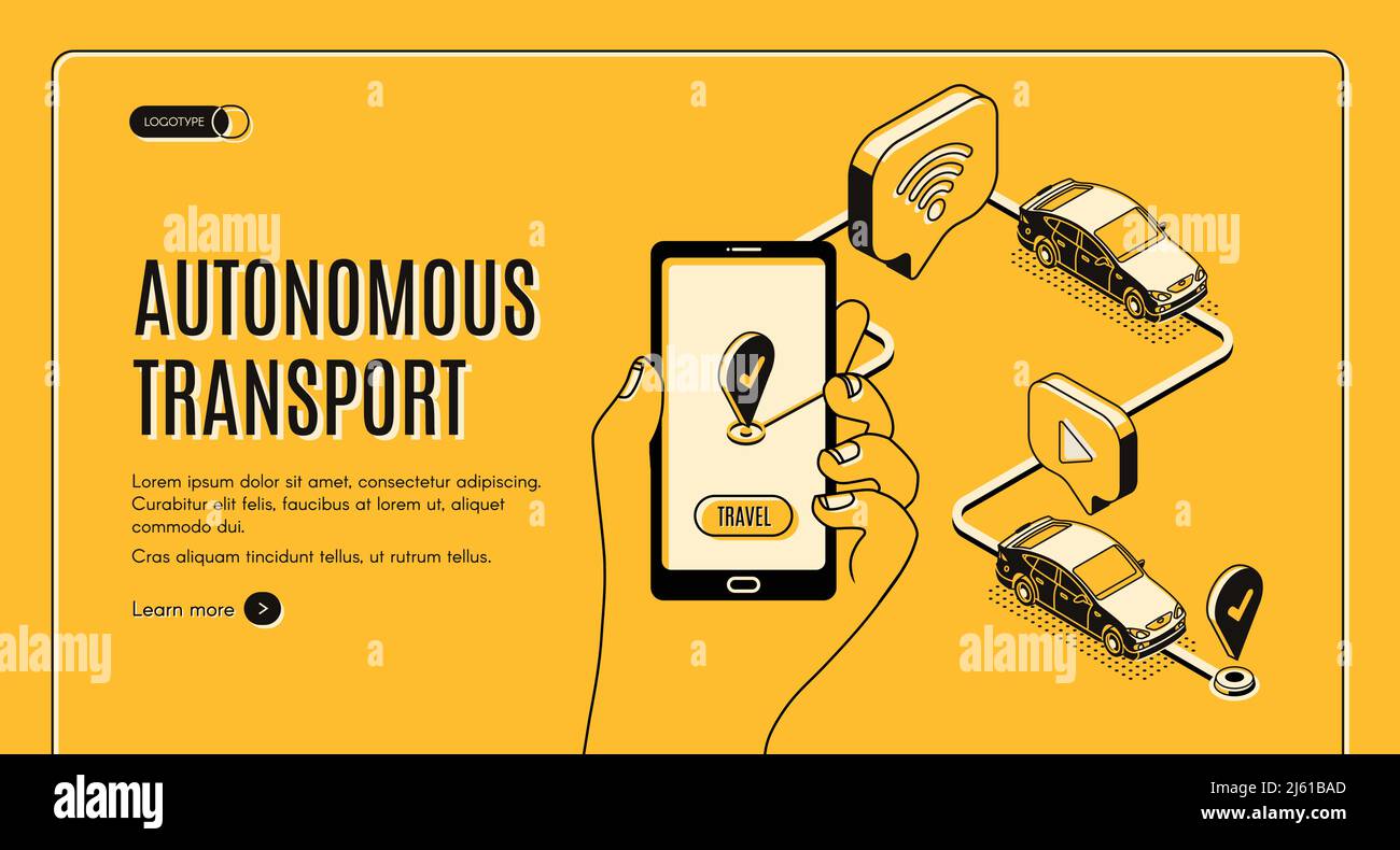 Transport autonome, page d'accueil de voiture sans conducteur. Future technologie intelligente, smartphone avec application pour auto-conduite à l'écran, gps destinati Illustration de Vecteur
