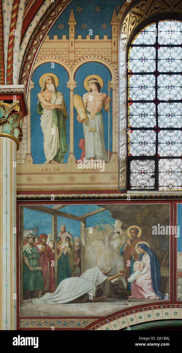 Jacob et Joseph sont représentés dans la peinture murale du peintre français Jean-Hippolyte Flandrin (1856-1863) dans l'église Saint-Germain-des-Prés à Paris, France. L'adoration des Mages est représentée au niveau inférieur des peintures murales de Jean-Hippolyte Flandrin. Banque D'Images