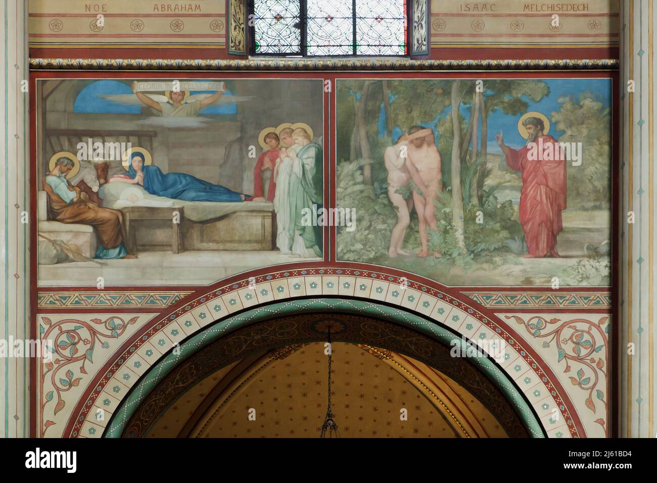 La Nativité de Jésus et l'expulsion du Paradis représentées dans les peintures murales du peintre français Jean-Hippolyte Flandrin (1856-1863) dans l'église Saint-Germain-des-Prés à Paris, France. Banque D'Images