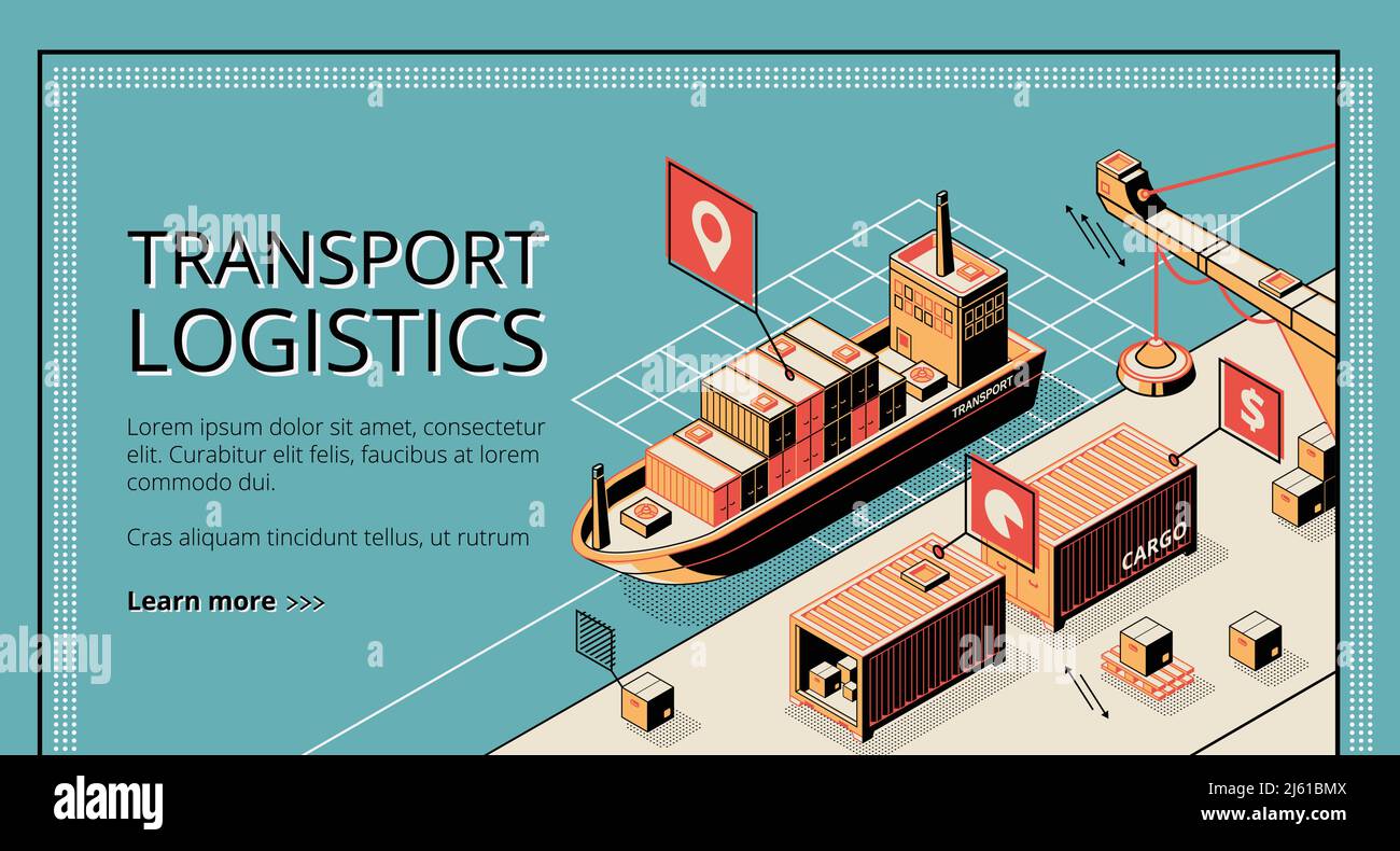 Logistique de transport, compagnie de service de livraison de port de navire page d'accueil sur fond rétro coloré, transport de fret, exportation, importation dans le monde entier. ISO Illustration de Vecteur