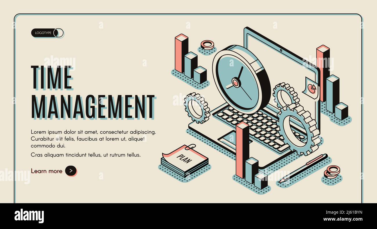 Page de renvoi gestion du temps. Ordinateur portable avec montres et matériel de bureau, hiérarchisation des tâches, organisation pour une productivité efficace. Planification de l'optimisation Illustration de Vecteur