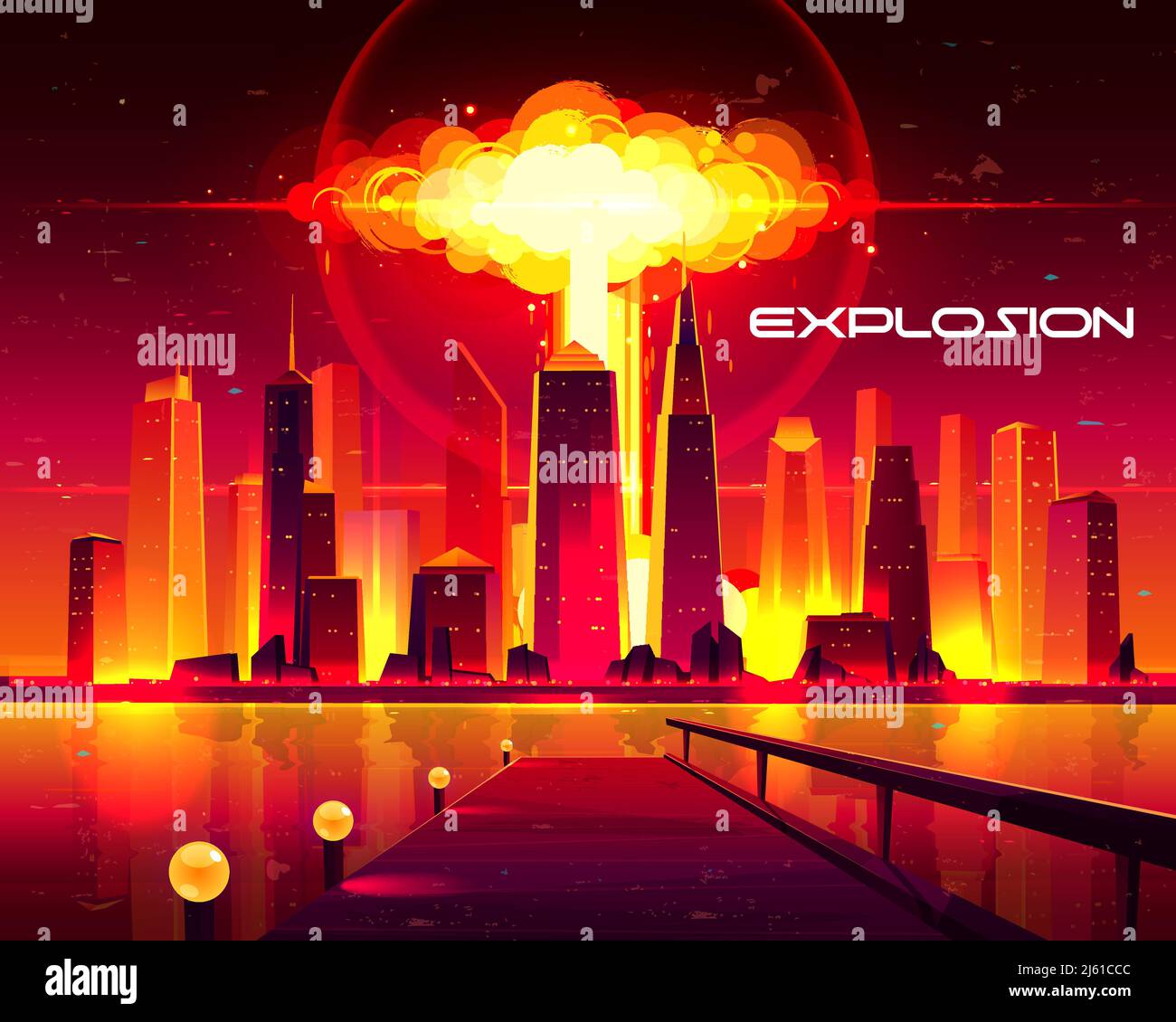 Explosion nucléaire en métropole concept de vecteur de dessin animé. Nuage de champignons Fiery de détonation atomique se levant sous des gratte-ciels bâtiments illustrateur Illustration de Vecteur