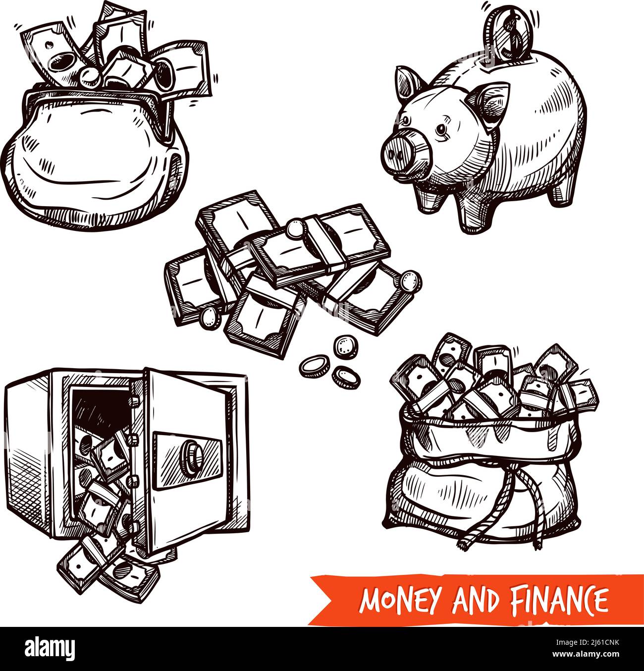 Jeu de pictogrammes tirés à la main pour le secteur financier et les économies d'argent illustration vectorielle abstraite isolée en style doodle Illustration de Vecteur