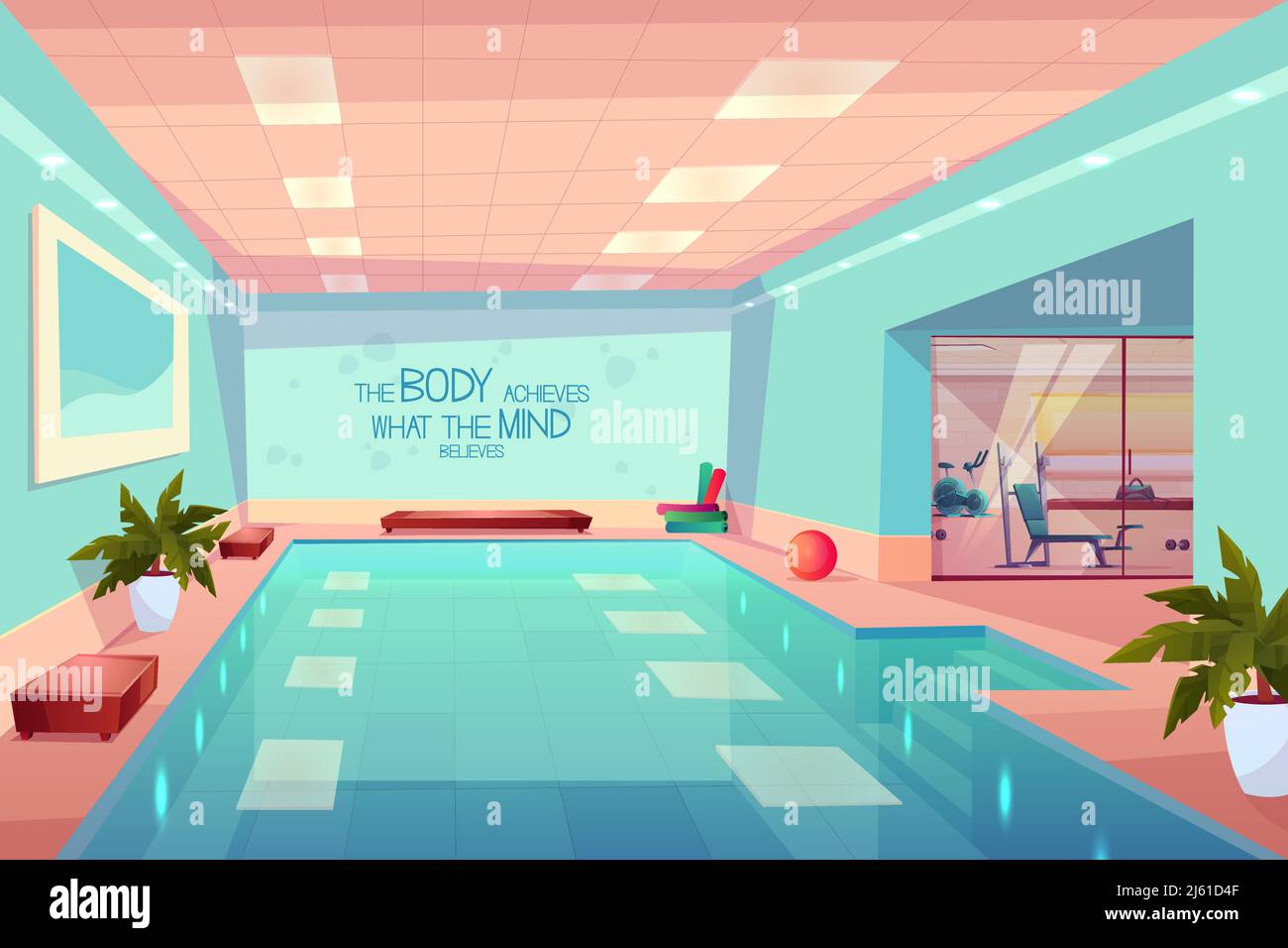 Piscine à l'intérieur de la salle de gym, vide centre de fitness sportif avec équipement, appareils d'entraînement, hôtel ou station avec salle de luxe pour l'eau et l'entraînement e Illustration de Vecteur