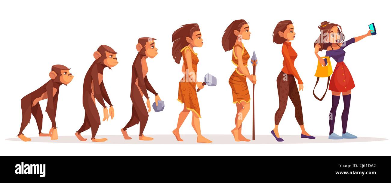 Concept vectoriel de dessin animé pour femmes beauté et mode évolution. Singe femelle, primate marchant droit, chasseur d'âge de pierre en peau d'animal, moderne, habillé f Illustration de Vecteur