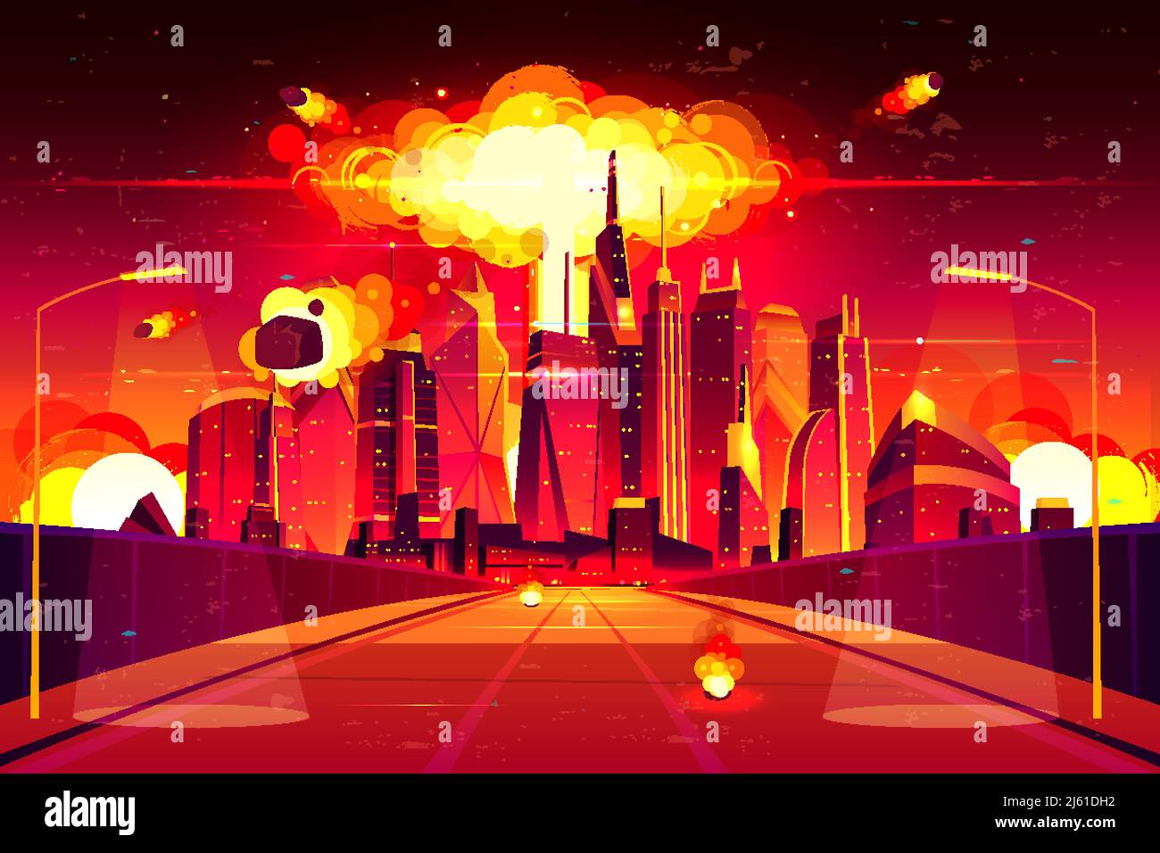 Explosion nucléaire dans la métropole. Explosion d'un nuage de champignons flamboyants sous des gratte-ciel. Des éclats de feu, détruisant la ville fro Illustration de Vecteur