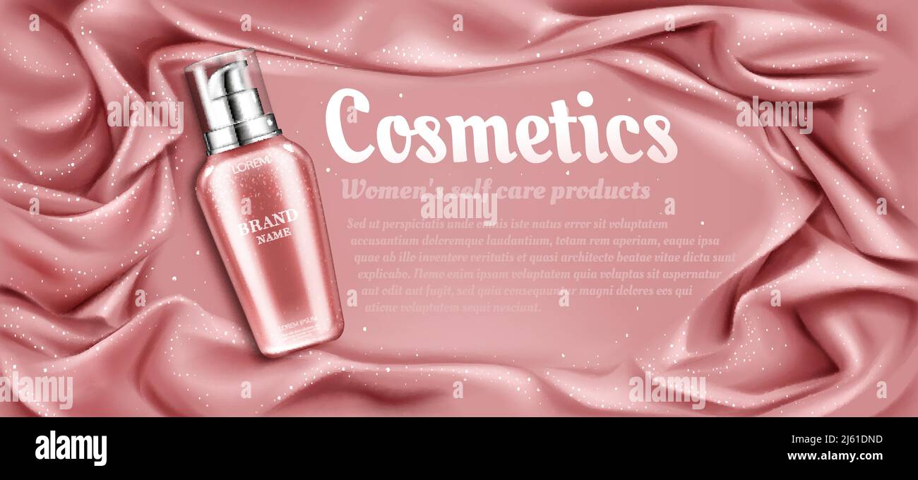 Cosmétiques bouteille mockup, produit cosmétique de beauté naturel pour le soin du visage ou du corps sur fond de tissu soyeux rose drapé avec pailleté, pompe tube packa Illustration de Vecteur