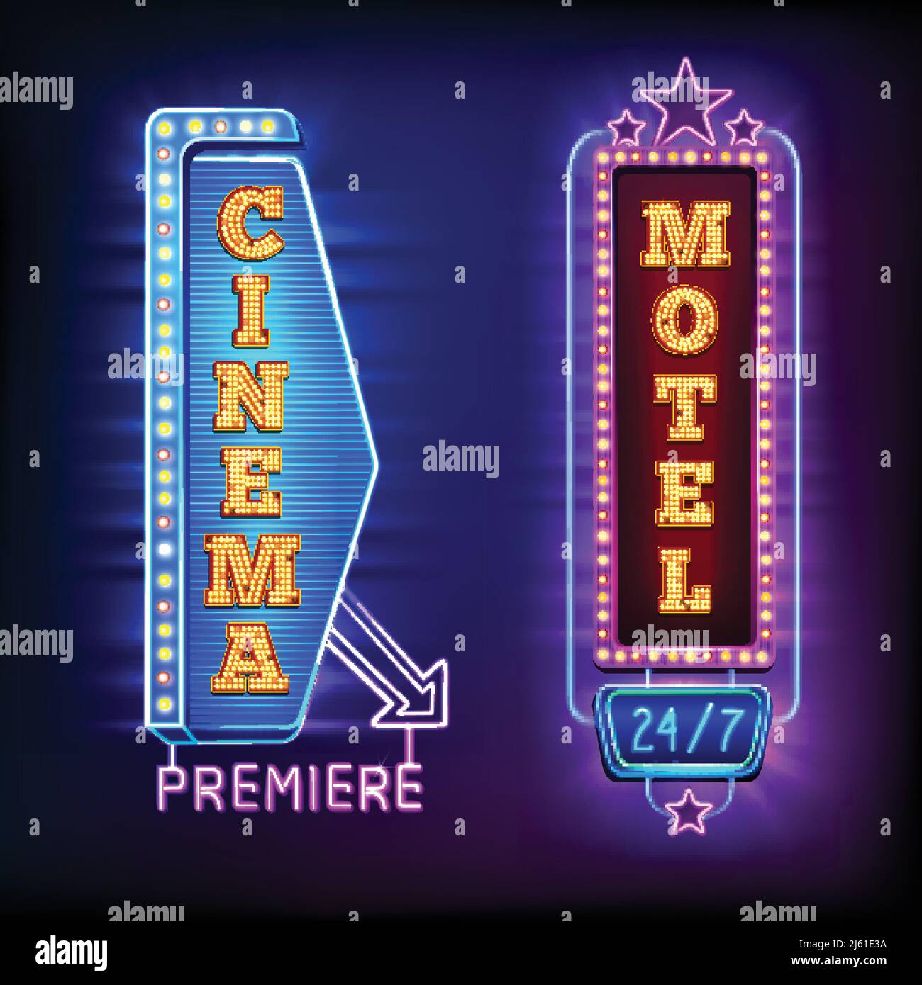 Panneaux verticaux rétro avec des emblèmes de cinéma et de motel isolés illustration vectorielle Illustration de Vecteur