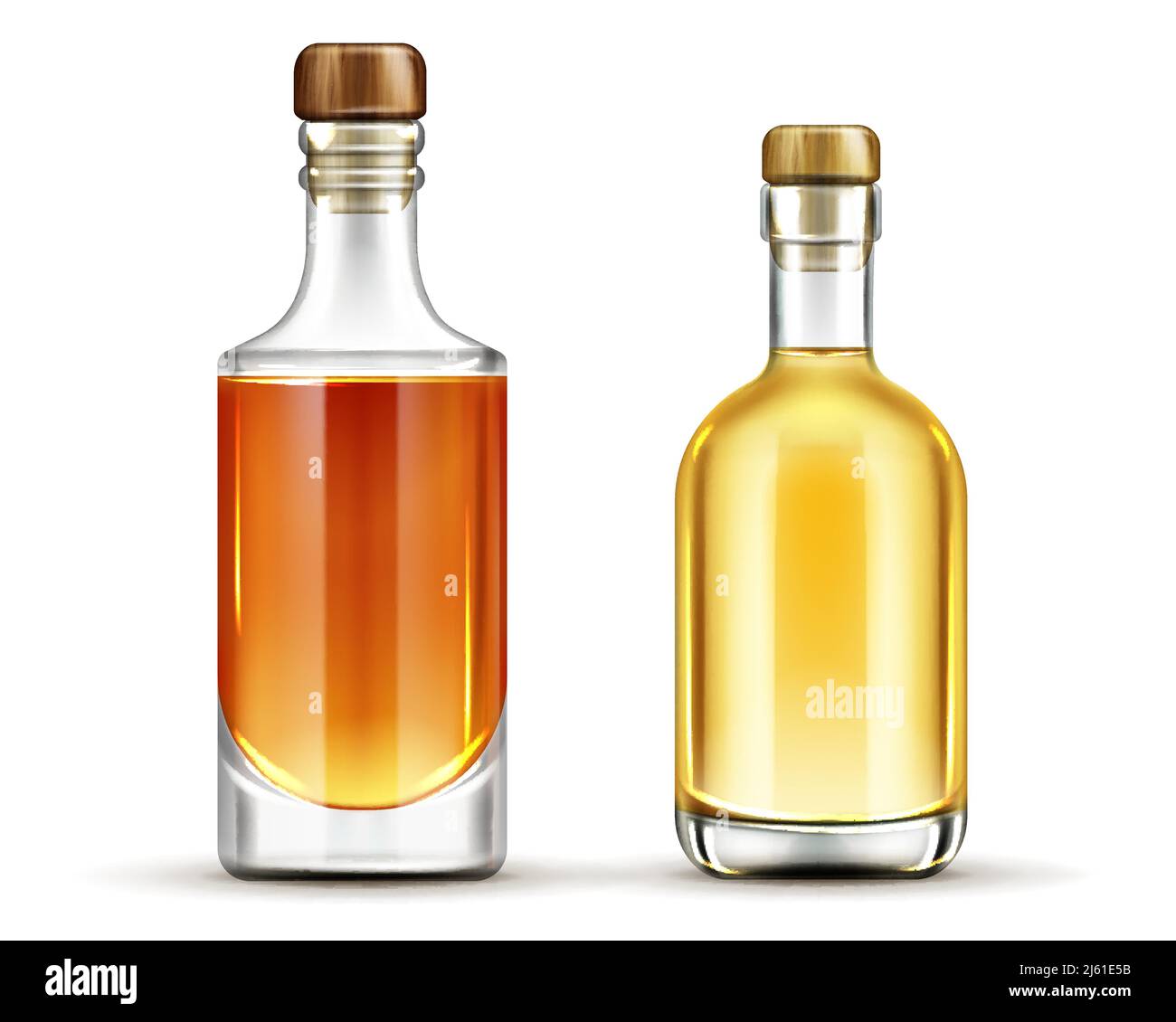 Bouteilles de tequila, whisky, kit de maquettes pour boissons alcoolisées bourbon, flacons en verre avec liège et liquide isolés sur fond blanc, éléments design pour Illustration de Vecteur