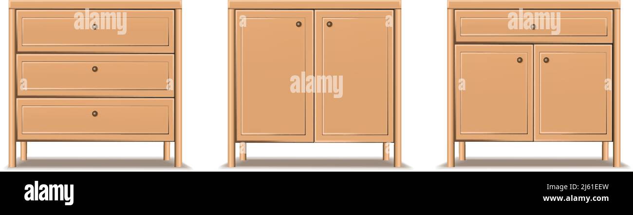 3d ensemble d'icônes vectorielles réalistes. Collection de commode, tables de chevet. Commode brune. Illustration de Vecteur