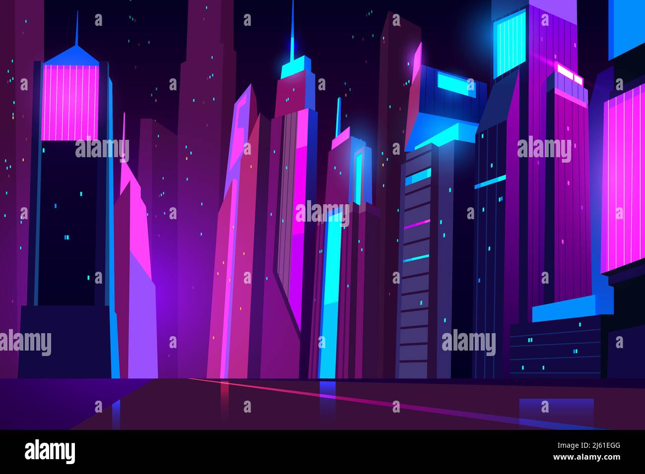 Ville nocturne avec lumières au néon. Paysage urbain futuriste et vue sur la route avec éclairage lumineux. Architecture extérieure de bâtiments de ville modernes en blu Illustration de Vecteur