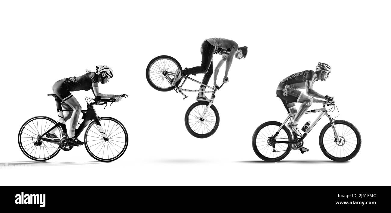 Image combinée en noir et blanc sur un thème de vélo. Route, montagne, vélo d'essai. Banque D'Images