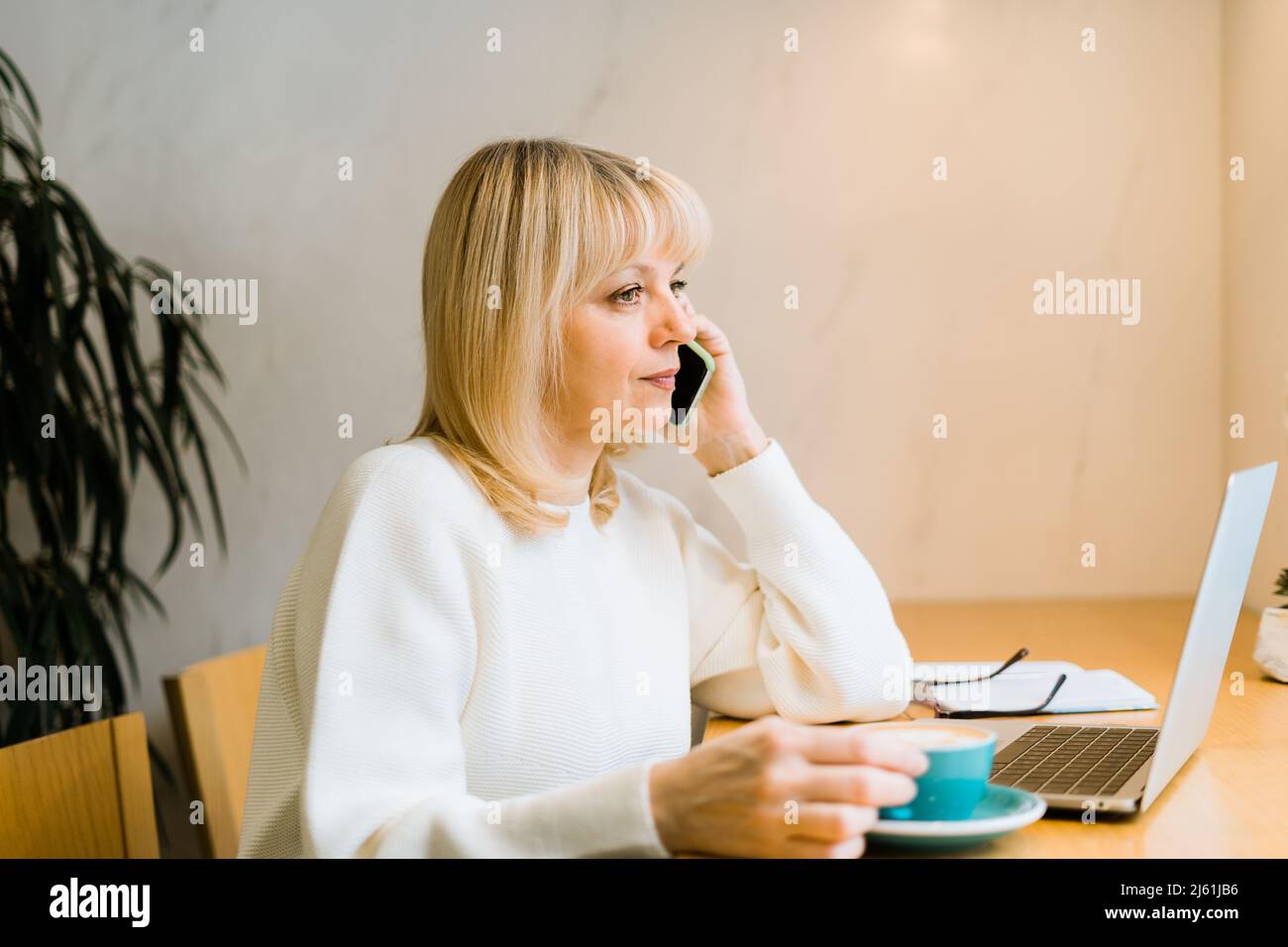 Femme adulte mature assise dans un café avec une tasse de café et travaillant en ligne sur un ordinateur portable. Femme d'affaires parlant sur le téléphone mobile en coworking Banque D'Images