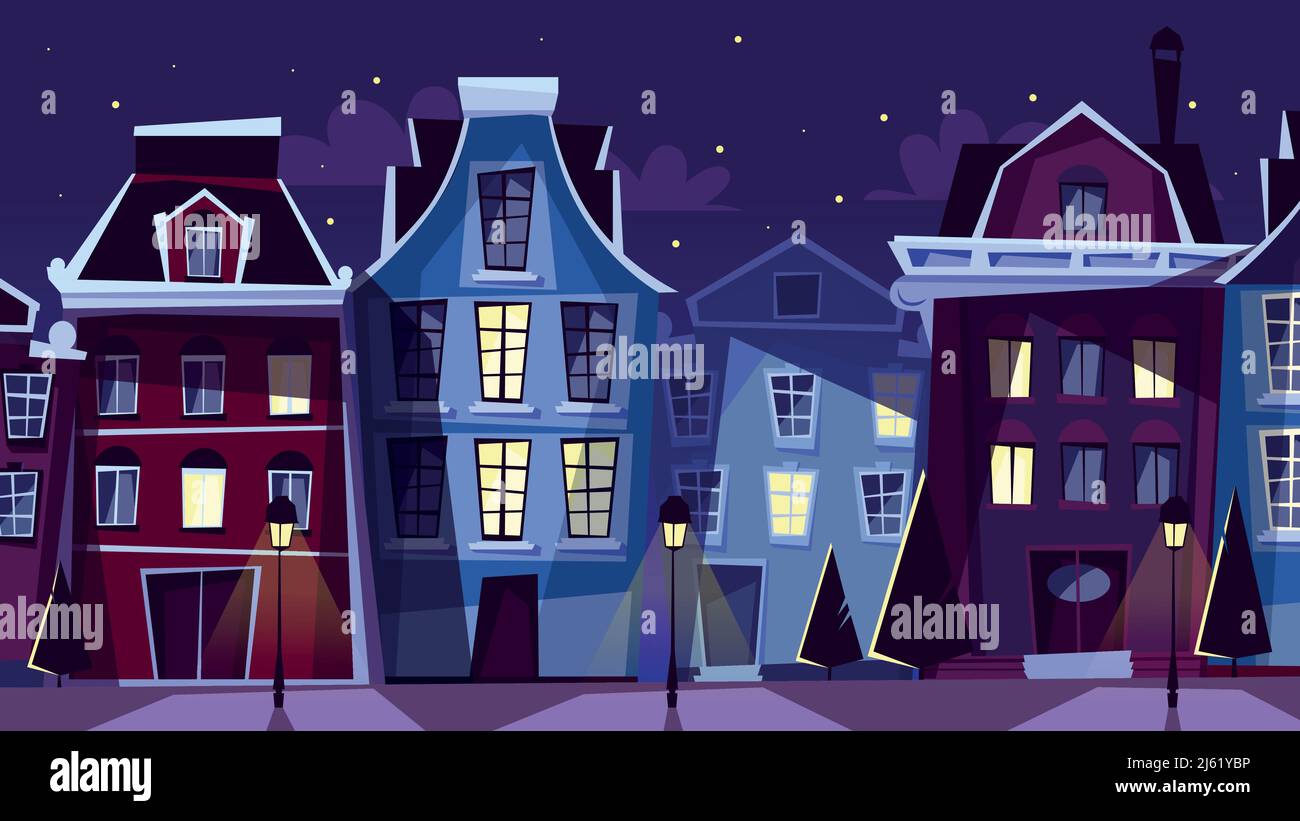 Illustration vectorielle Amsterdam City-Scape. Caricature Amsterdam rues de nuit et maisons avec éclairage de fenêtre pour les Hollandais ou les pays-Bas célèbre architecte Illustration de Vecteur