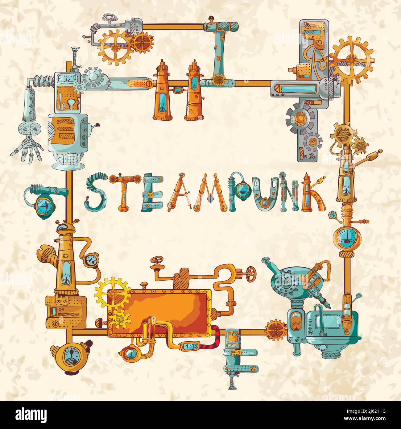 Cadre Steampunk avec machines industrielles engrenages chaînes et éléments techniques illustration vectorielle Illustration de Vecteur