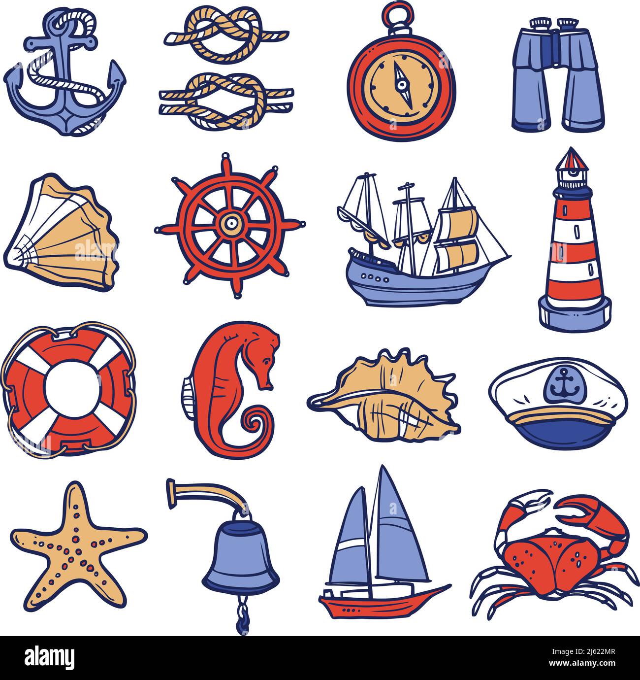 Ensemble d'icônes décoratives d'esquisse nautique avec jumelles à compas à corde d'ancrage illustration vectorielle isolée Illustration de Vecteur