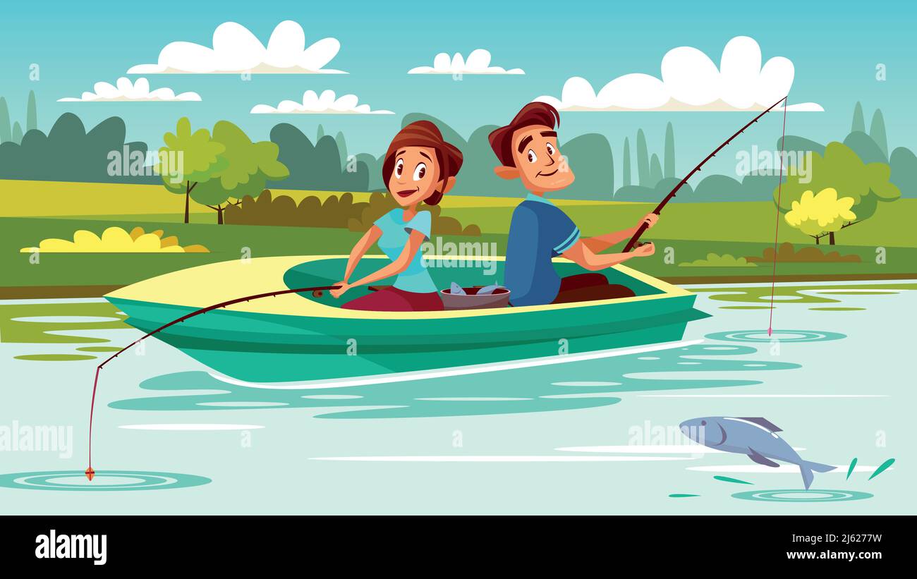 Couple illustration de vecteur de pêche de jeune homme et femme en bateau avec des cannes sur le lac pour les vacances de week-end. Ensemble, les gens de dessin animé passent du romantisme Illustration de Vecteur