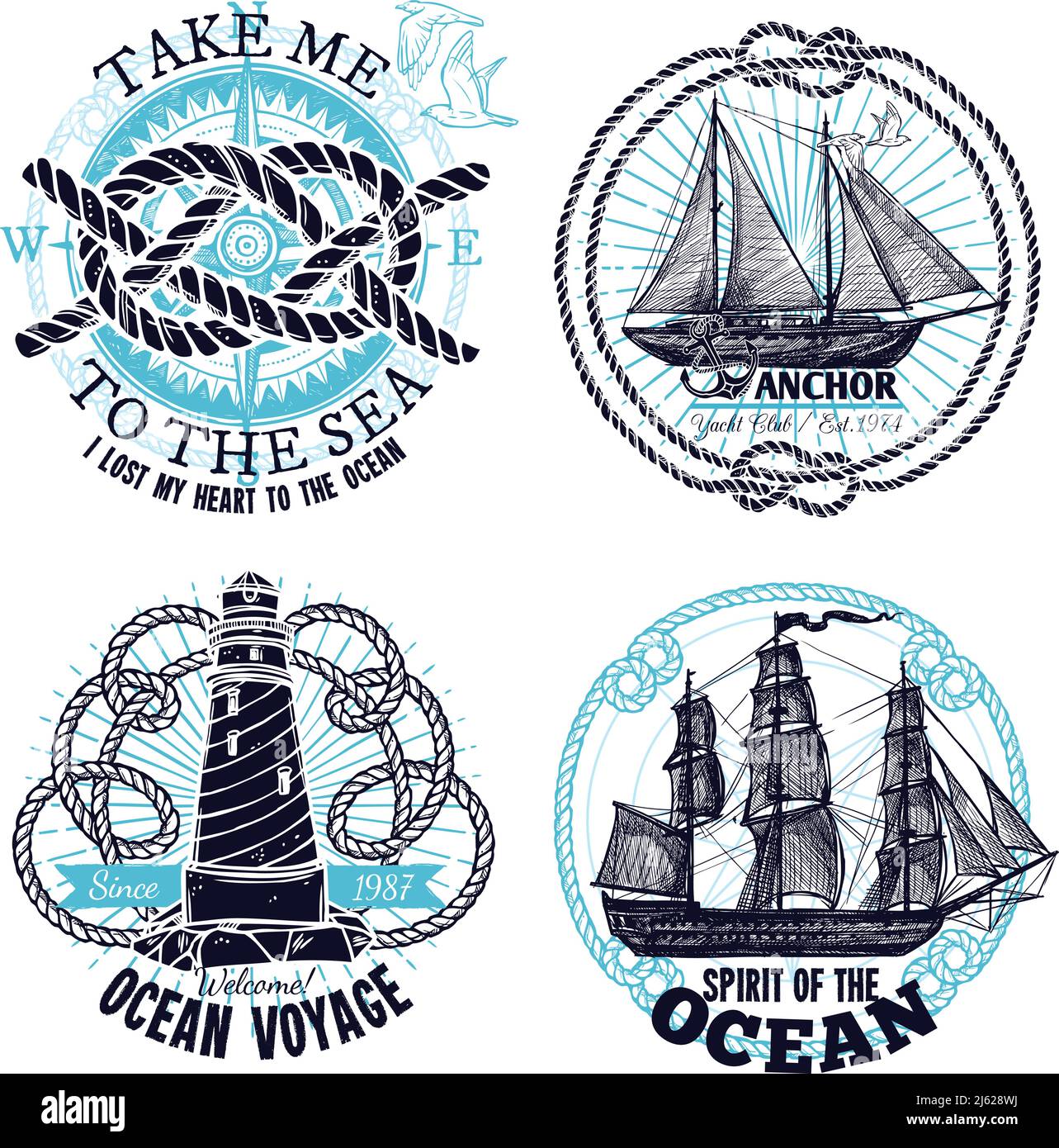 Collection d'emblèmes marins avec phare de compas de corde de bateau illustration vectorielle isolée de style tracé à la main Illustration de Vecteur