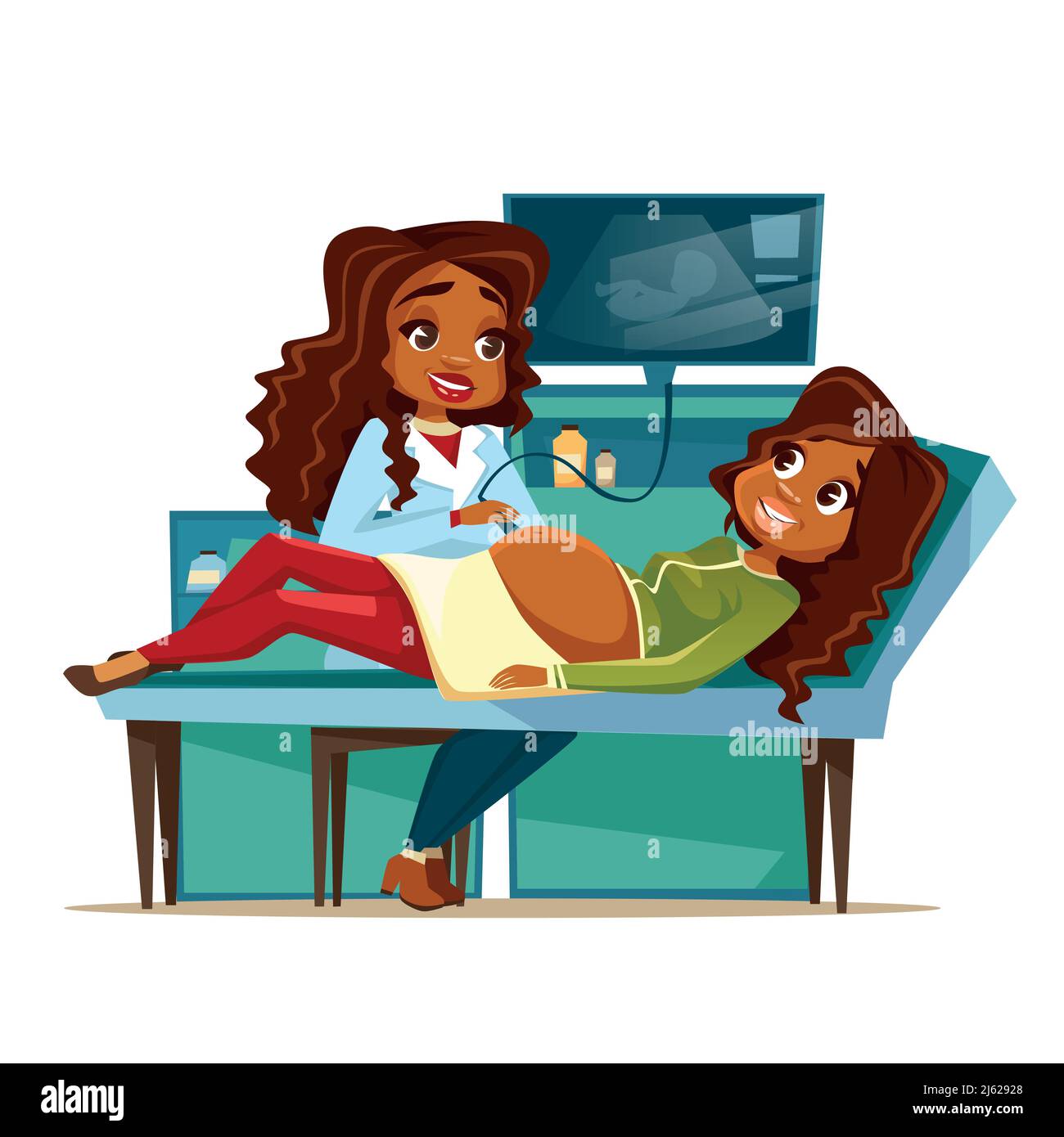 Femme enceinte sur l'échographie obstétrique vecteur dessin animé illustration de l'examen médical de grossesse. Design plat de femme noire médecin et patient sur Illustration de Vecteur