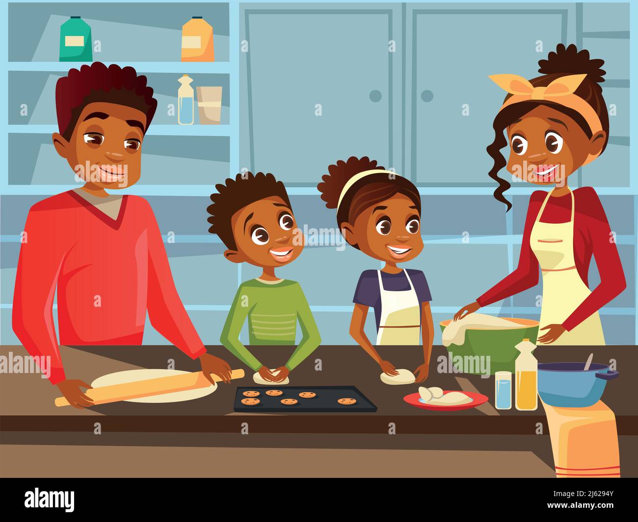 Afro-américaine de la famille noire de préparer ensemble repas à la cuisine vecteur plat dessin animé illustration. Famille africaine de père heureux et de mère avec da Illustration de Vecteur