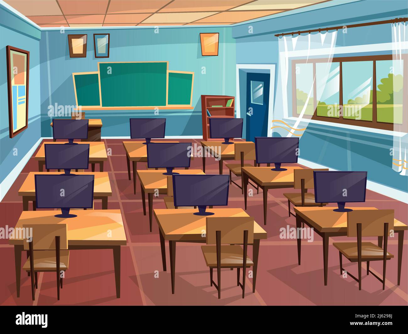 Vector caricature vide lycée université université informatique formation en classe. Salle d'illustration intérieur objets table de bureau chaise Illustration de Vecteur