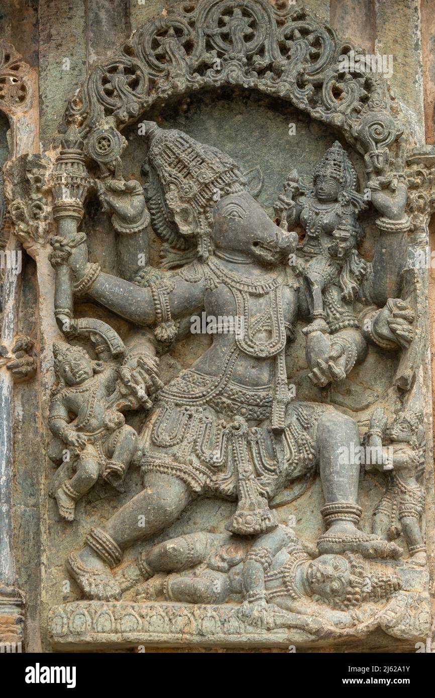 Varaha ou incarnation de la boar de Vishnu. Temple Hoysalesvara, Halebeed, Karnataka, Inde Banque D'Images
