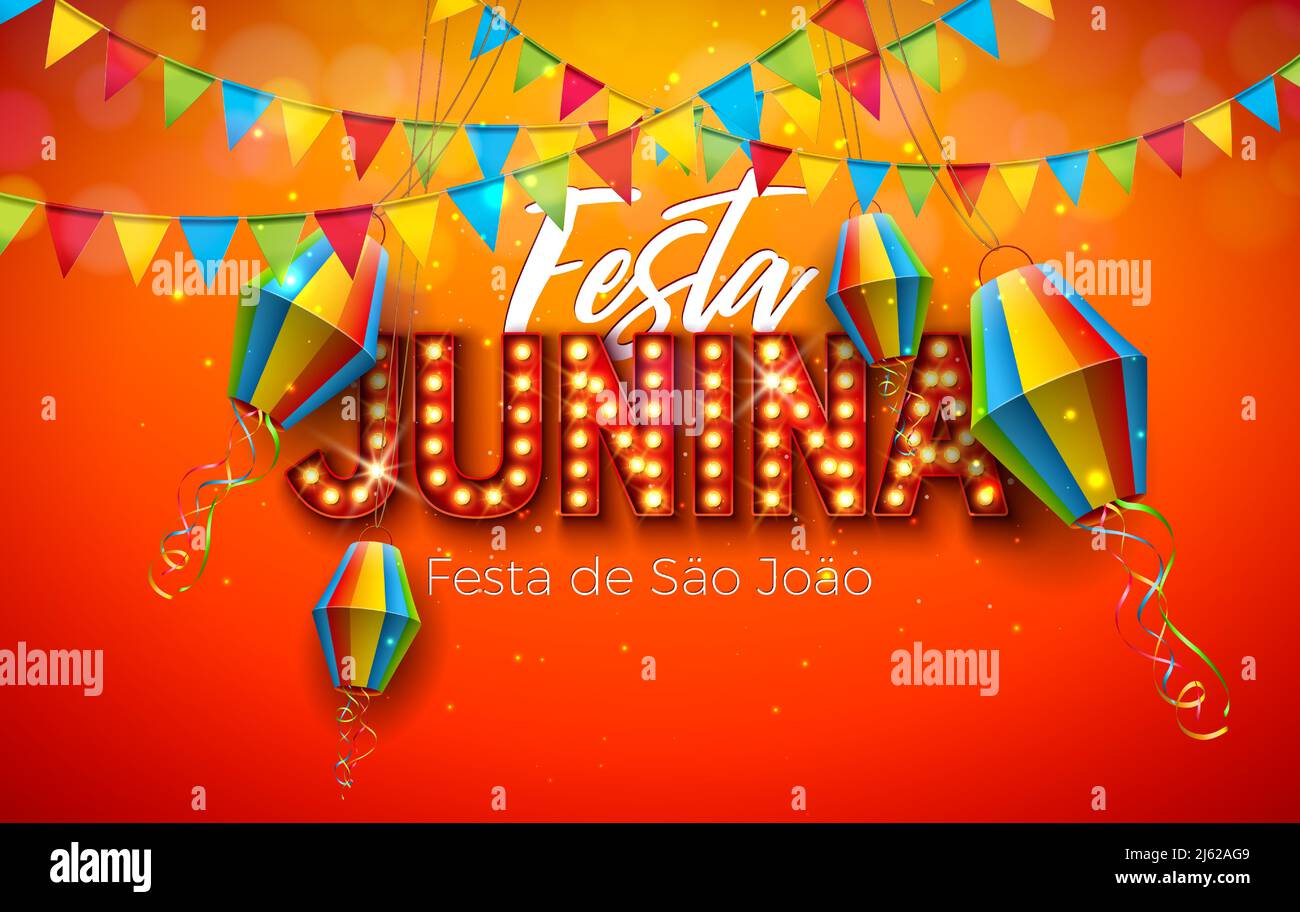Festa Junina Illustration avec drapeaux de partie, lanterne en papier et ampoule de panneau d'affichage lettre sur fond jaune. Vector Brésil Festival de juin de Sao Joao Illustration de Vecteur