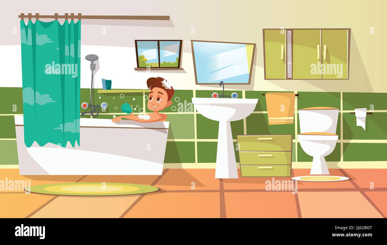 Vecteur dessin animé jeune homme ayant bain dans la baignoire. Illustration avec personnage masculin relaxant dans le shampooing bulle savon à laver, prenant la douche. Soins du corps, h Illustration de Vecteur