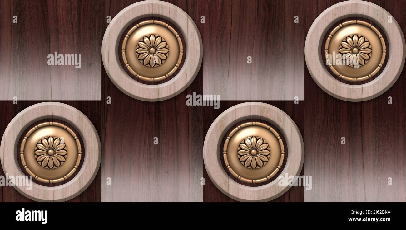 Bois circulaire Résumé géométrique fleur dorée fond de bois, rendu 3D Banque D'Images