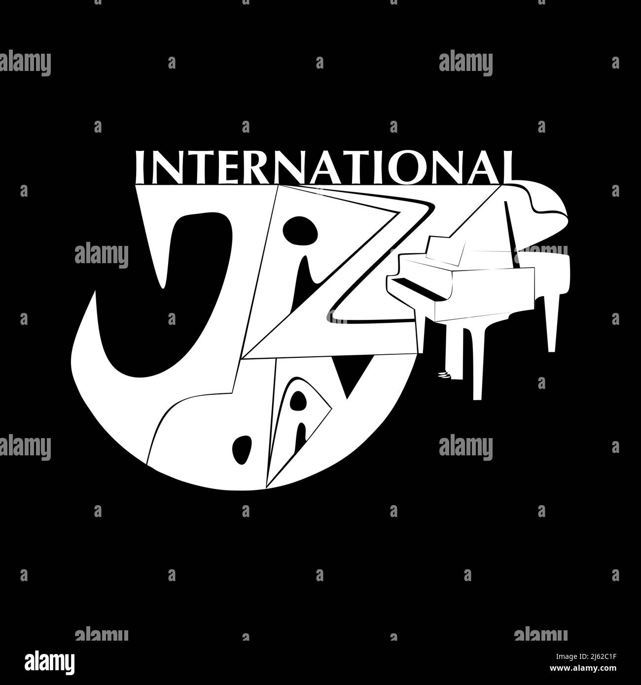 International Jazz Day musique négatif style espace poster vectoriel pour festival de jazz ou blues nocturne rétro fête avec piano à queue blanc. Letterin stylisé Illustration de Vecteur