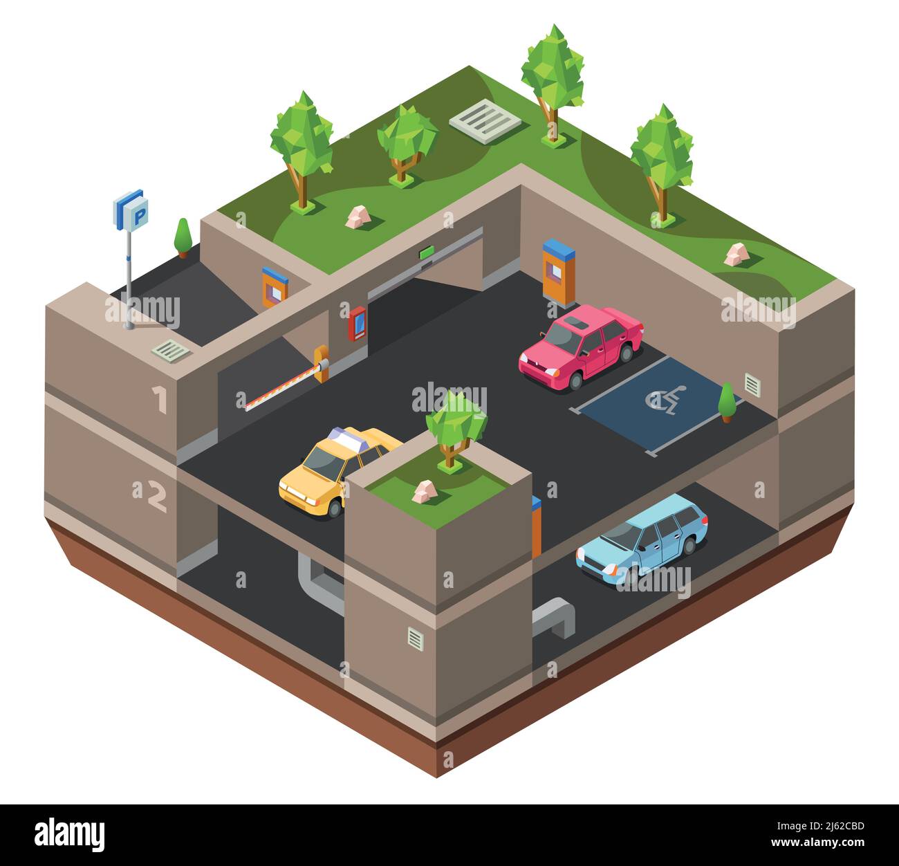 Parking souterrain à plusieurs étages, illustration vectorielle 3D isométrique pour la conception de la construction. Voitures isométriques garées dans un garage souterrain Illustration de Vecteur