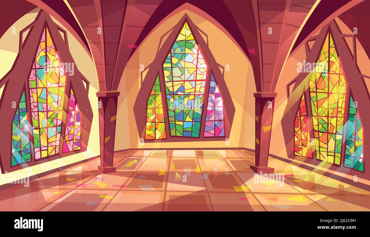 Salle de bal, illustration vectorielle du palais royal gothique avec vitraux et reflet du soleil sur sol carrelé. Salle de bal à dessin animé ou très grand lit Illustration de Vecteur