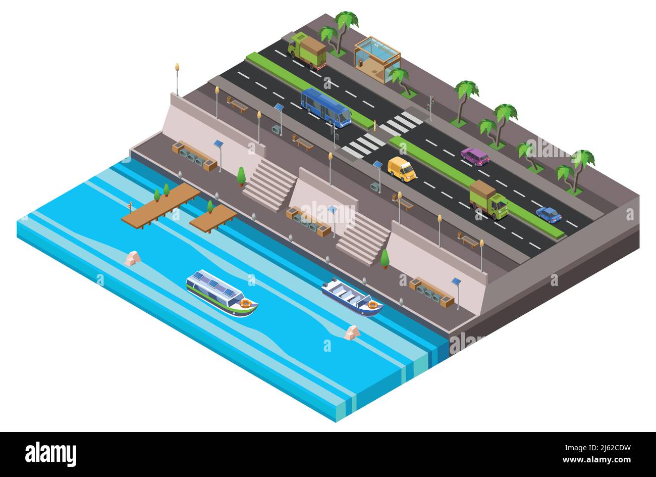 Riverside City Isométrique 3D vecteur illustration de la voie de circulation de la ville au bord de l'eau le long de la jetée du ferry. Voitures et fourgonnettes isométriques sur route et fer Illustration de Vecteur