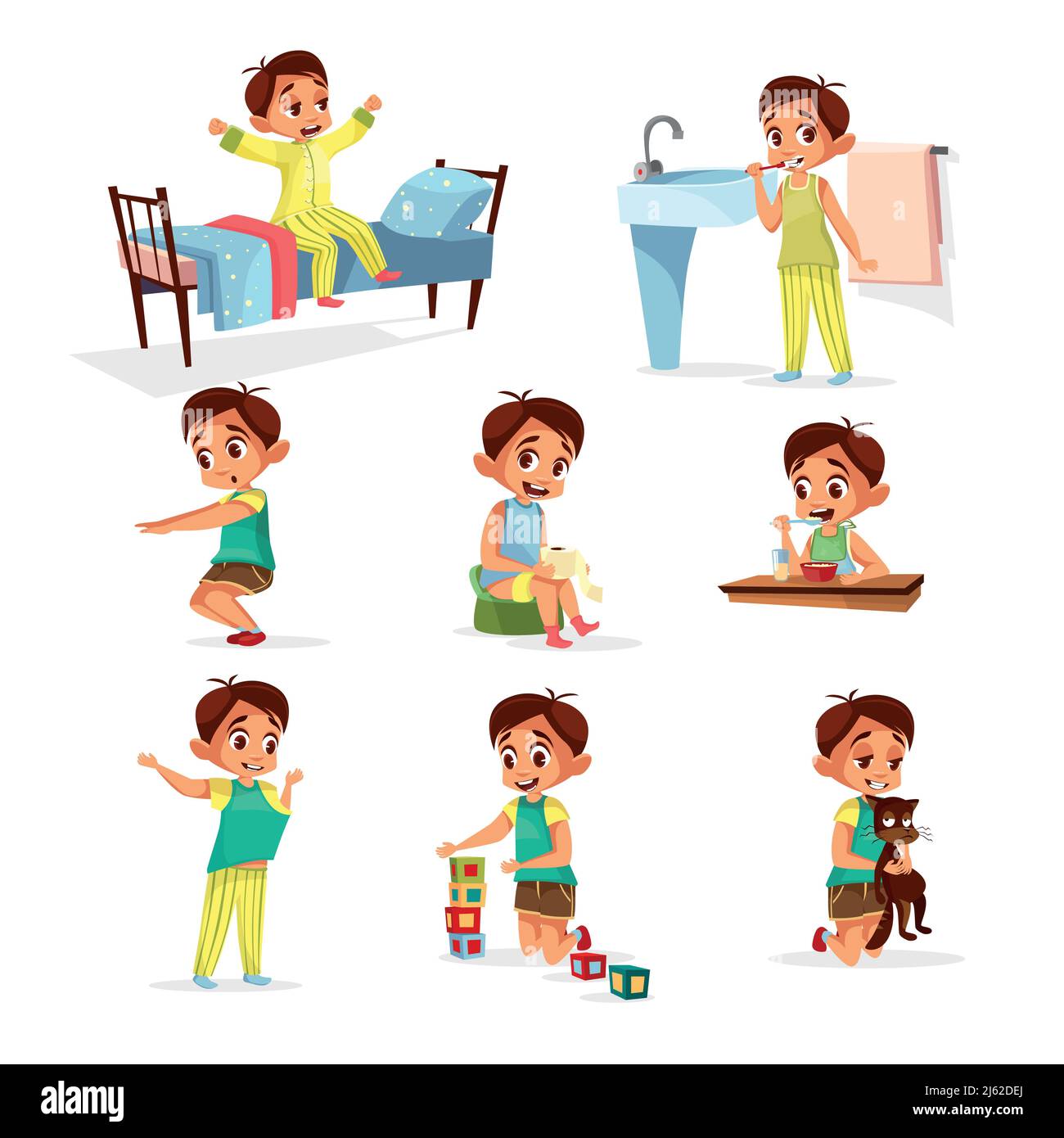 Ensemble d'activités quotidiennes de routine pour garçon à dessin animé vectoriel. Un personnage masculin se réveille, s'étire, se brossant les dents en gymnastique, toilette, se déguen manger le petit déjeuner pla Illustration de Vecteur