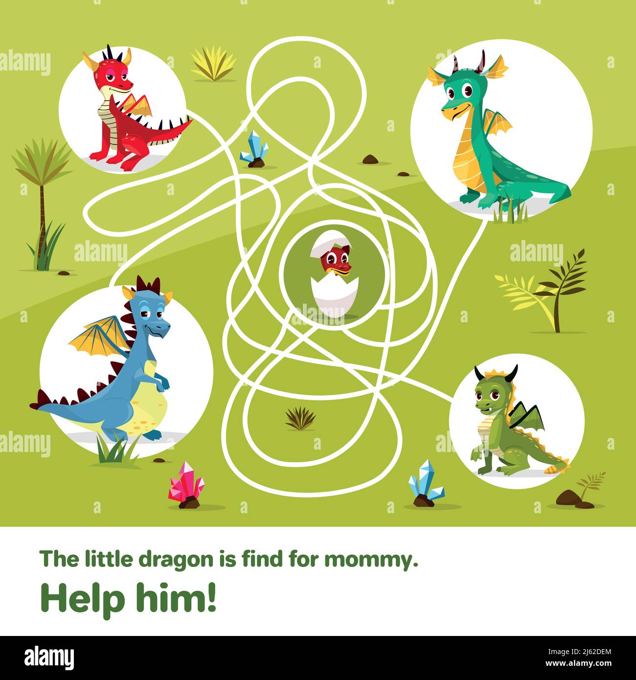 Labyrinthe labyrinthe enfants jeu illustration vectorielle. Dessins animés dragons, aider à trouver la voie à l'oeuf d'enfant sur des lignes de chemin emmêlées, jeu de solution logique pour les enfants boo Illustration de Vecteur