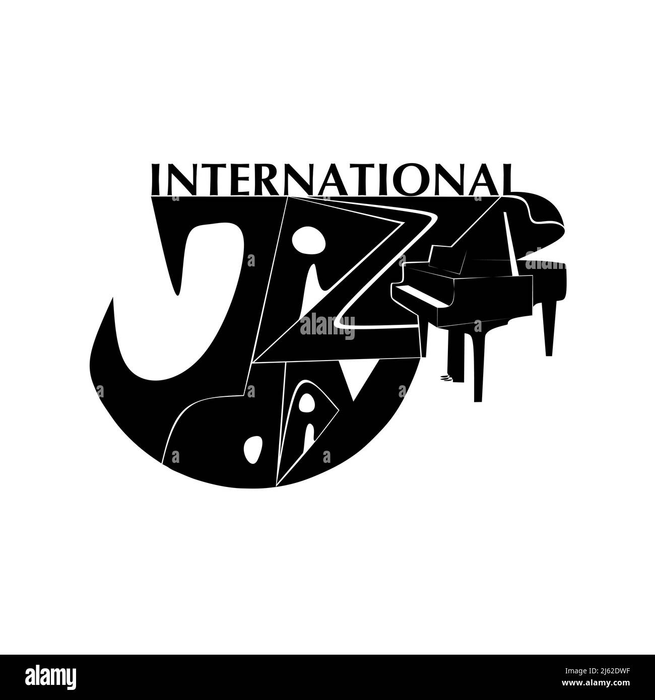 International Jazz Day musique négatif style espace poster vectoriel pour festival de jazz ou blues nocturne rétro avec piano à queue noir. Letterin stylisé Illustration de Vecteur