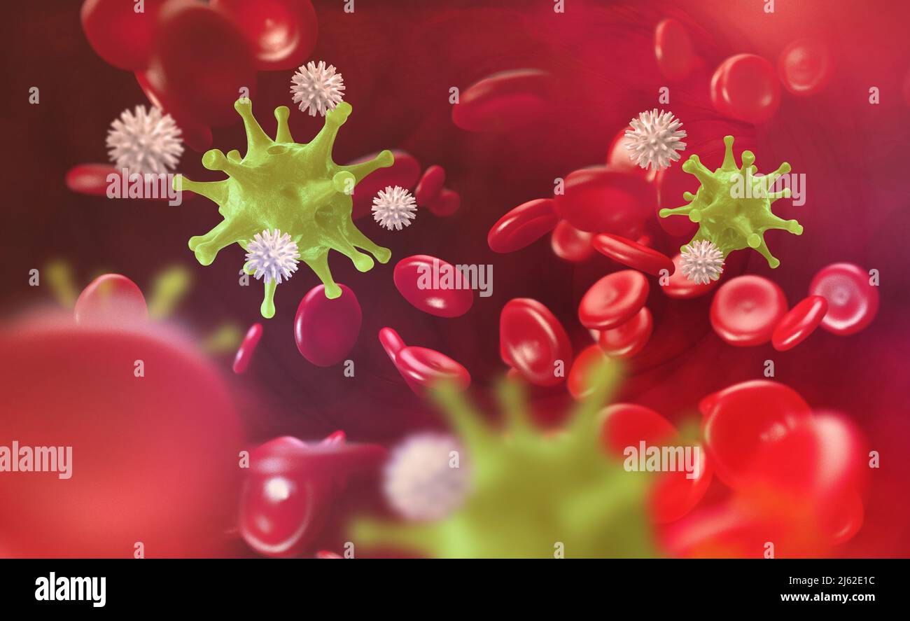 Cellules sanguines. Les leucocytes attaquent le virus. Immunité du corps. 3D illustration. Innovations dans la recherche médicale Banque D'Images