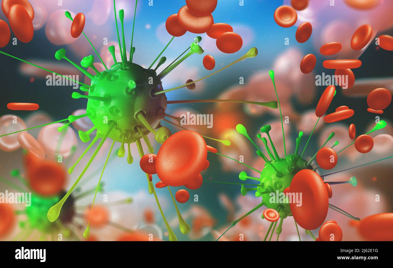 Grippe et rhume, infection sanguine. Microbes sous le microscope. Immunité  du corps. 3D illustration germes et virus Photo Stock - Alamy