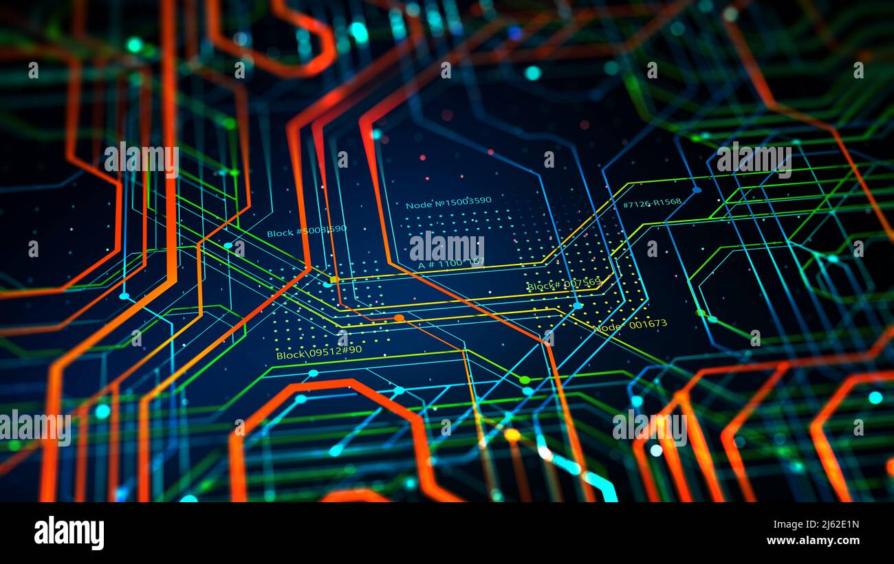 Illustration du microcircuit 3D. Circuit, puce de silicium. Ordinateur quantique. Carte mère. Le cyberespace des hautes technologies. Flux de données d'informations Banque D'Images