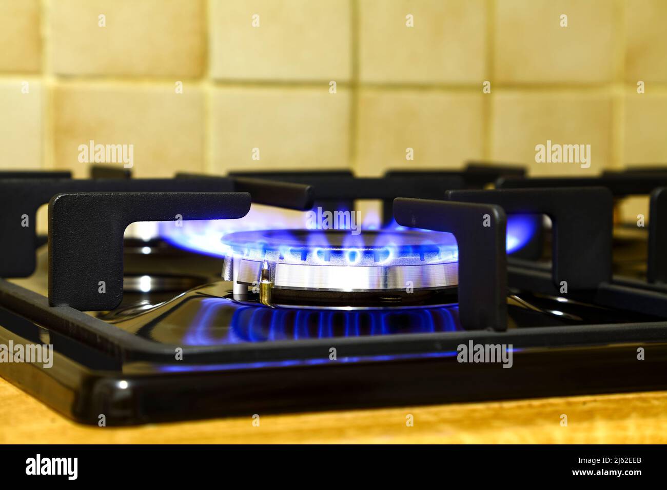 Vue rapprochée d'une table de cuisson à gaz Banque D'Images