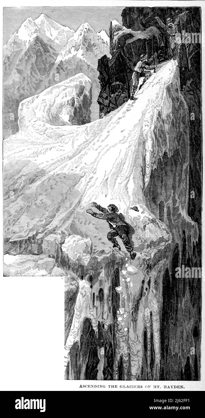 Montée sur le glacier du mont Hayden à partir du livre The Pacific tourist : guide transcontinental illustré d'Adams & Bishop, de l'Atlantique à l'océan Pacifique : Contenant des descriptions complètes des chemins de fer à travers le continent, toutes les stations de plaisance et les lieux de la plupart des paysages notés dans l'extrême-Ouest, aussi de toutes les villes, les villes, les villages, les forts américains, les sources, lacs, montagnes, itinéraires de voyage d'été, les meilleures localités pour la chasse, la pêche, le sport, et le plaisir, avec toutes les informations nécessaires pour le voyageur d'agrément, mineur, colon, ou homme d'affaires : un guid complet de voyageur Banque D'Images