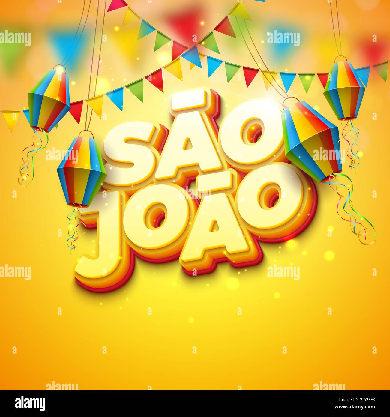 Festa Junina Illustration avec drapeaux de fête et lanterne en papier sur fond jaune. Vector Brésil juin Sao Joao Festival Design avec 3D lettrage pour Illustration de Vecteur