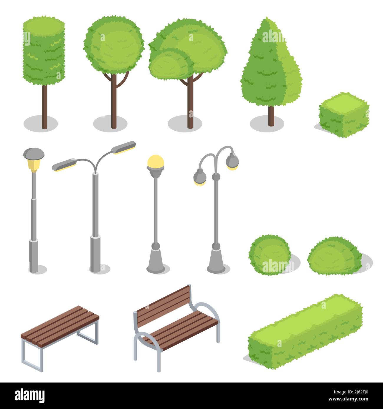 Illustration vectorielle de parcs publics de modèles isométriques d'arbres, de poteaux de lampes et de bancs avec haies vertes pour la conception d'éléments de construction. Isoler Illustration de Vecteur