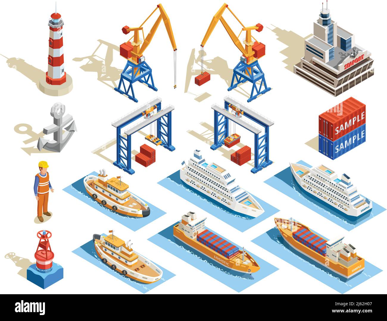 Seaport ensemble isométrique de navires de croisière industriels ouvrier de remorqueurs marins anchor grues conteneurs phare illustration vectorielle isolée Illustration de Vecteur