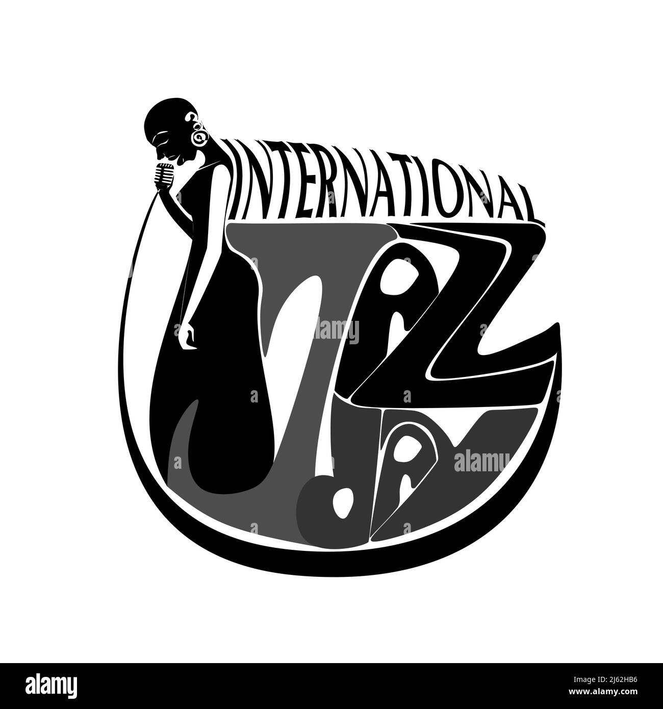 International Jazz Day musique négatif style espace poster vectoriel pour festival de jazz ou blues nocturne fête rétro avec femme bald chanteuse et micropho rétro Illustration de Vecteur